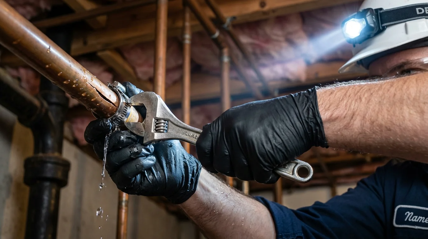 Emergency pipe clamp repair being performed by a Johns Plumbing LLC plumber in La Center