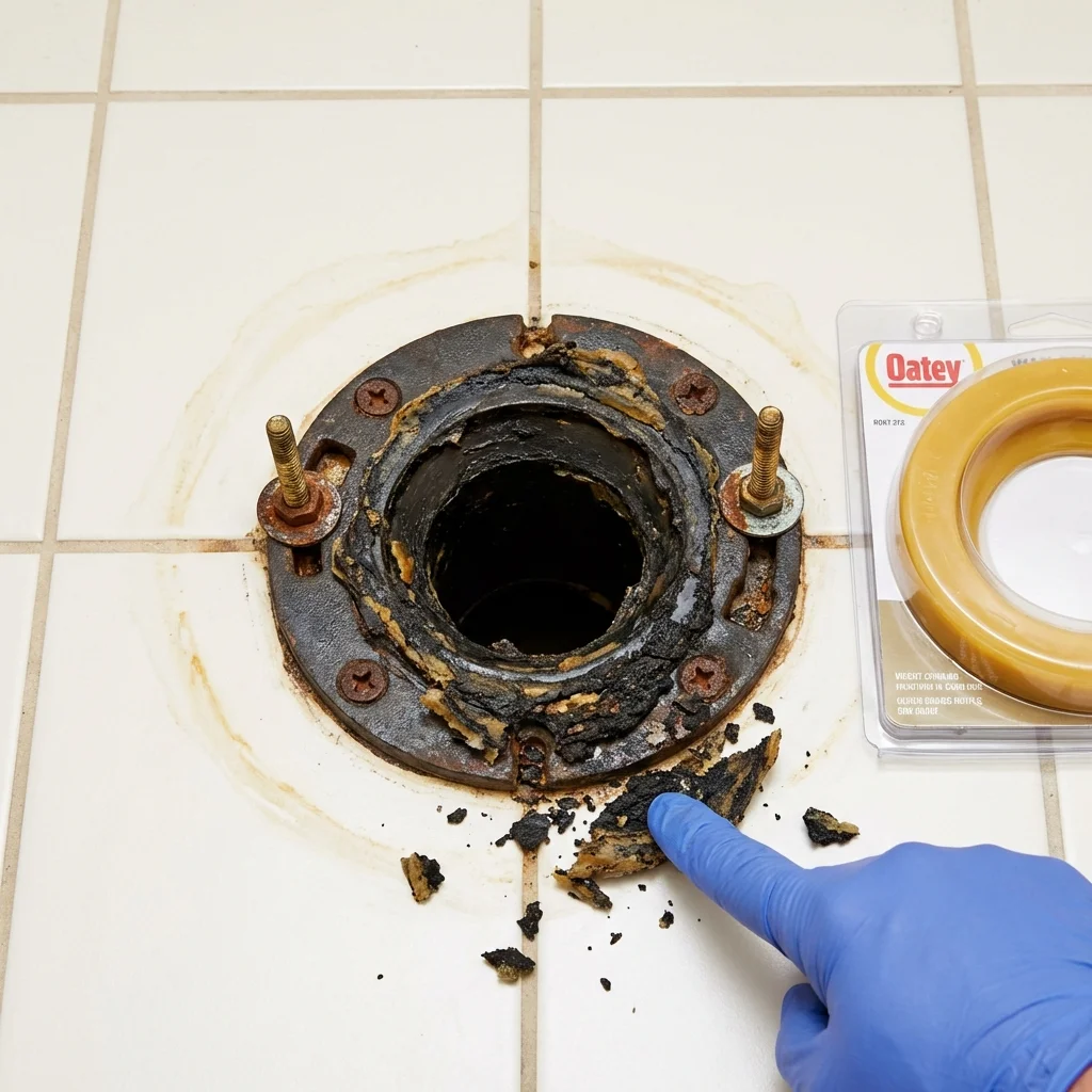 Failed wax ring showing water seepage at the base of a toilet in a La Center, WA home