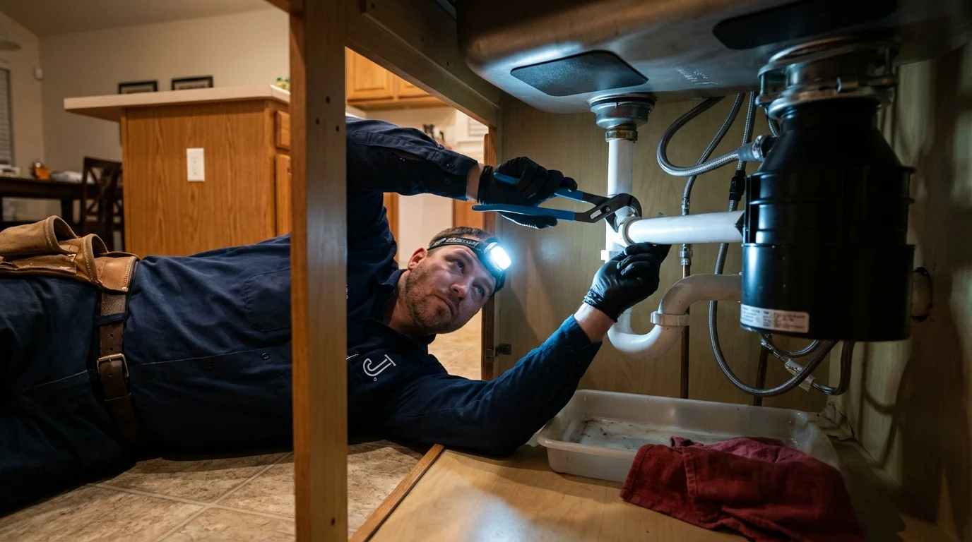 P-trap and supply line connections under a kitchen sink showing a common leak point in La Center, WA